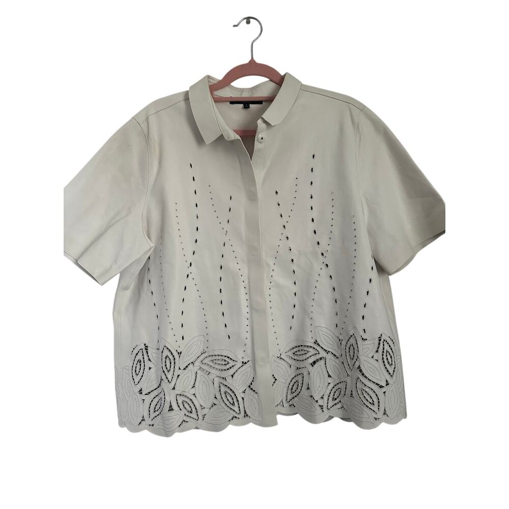 Lafayette 148 New York White Leather Eyelet Scallop Short Sleeve Blouse Shirt L